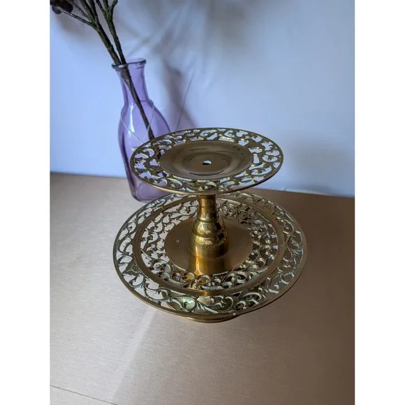 Vintage Brass Two Tiered Ornate Candle Holder Decor Tableware Candlestick - Picture 2 of 7